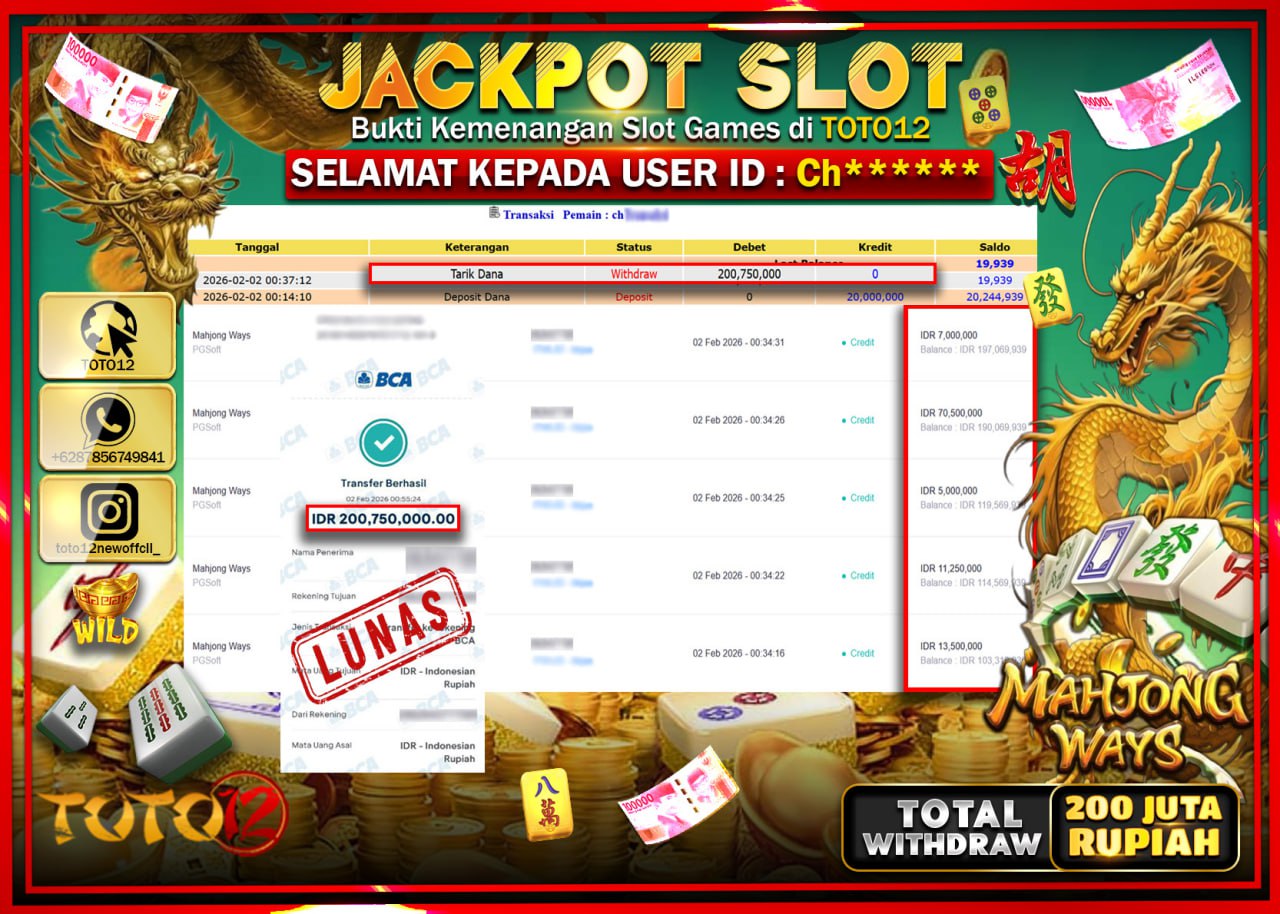 HANYA DI TOTO12 JP PASTI DI BAYAR LUNAS DAN CEPAT!!!!!! JACKPOT SLOT GAME (MAHJONG WAYS) Rp.200.750.000 !!!!