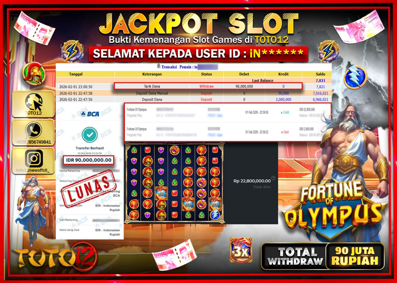 HANYA DI TOTO12 JP PASTI DI BAYAR LUNAS DAN CEPAT!!!!!! JACKPOT SLOT GAME (FORTUNE OF OLYMPUS) Rp.90.000.000 !!!!