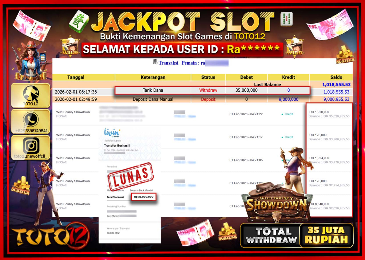 HANYA DI TOTO12 JP PASTI DI BAYAR LUNAS DAN CEPAT!!!!!! JACKPOT SLOT GAME (WILD BOUNTY SHOWDOWN) Rp.35.000.000 !!!!