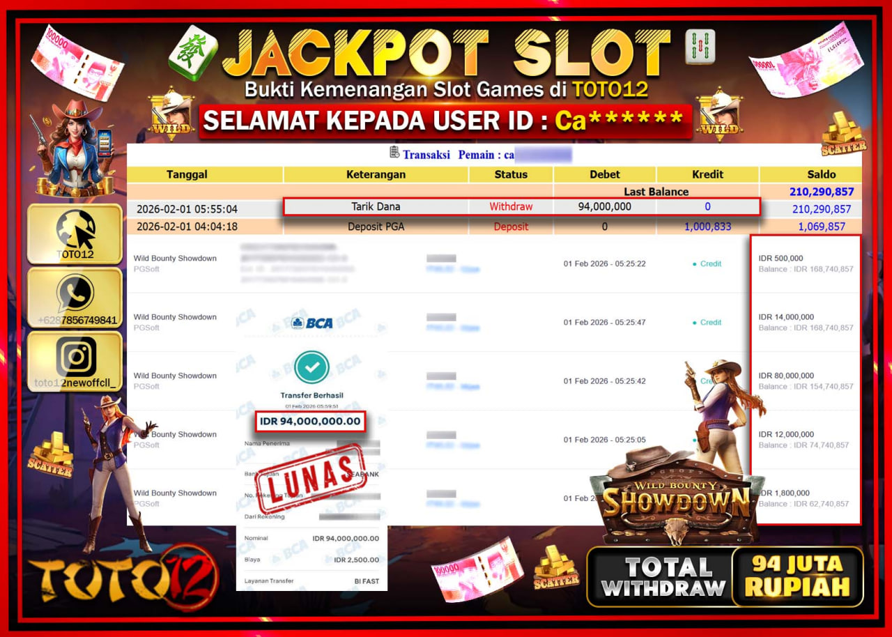HANYA DI TOTO12 JP PASTI DI BAYAR LUNAS DAN CEPAT!!!!!! JACKPOT SLOT GAME (WILD BOUNTY SHOWDOWN) Rp.94.000.000 !!!!