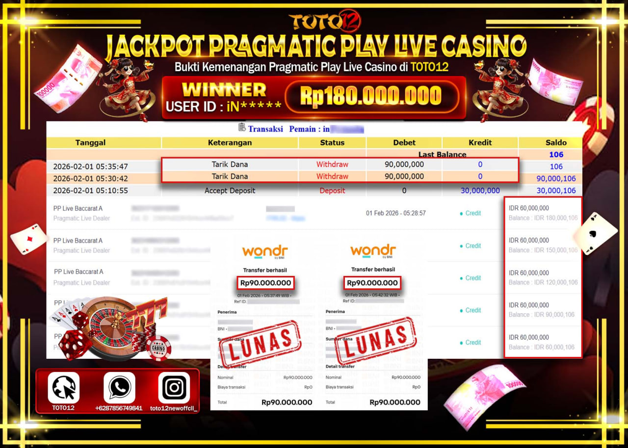 HANYA DI TOTO12 JP PASTI DI BAYAR LUNAS DAN CEPAT!!!!!! JACKPOT PRAGMATIC PLAY LIVE CASINO (BACCARAT A) Rp.180.000.000 !!!!