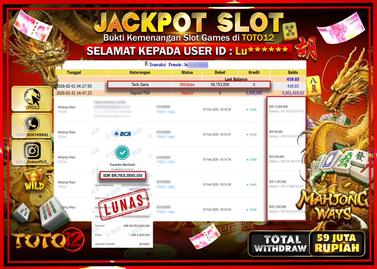 HANYA DI TOTO12 JP PASTI DI BAYAR LUNAS DAN CEPAT!!!!!! JACKPOT SLOT GAME (MAHJONG WAYS) Rp.59.753.000 !!!!