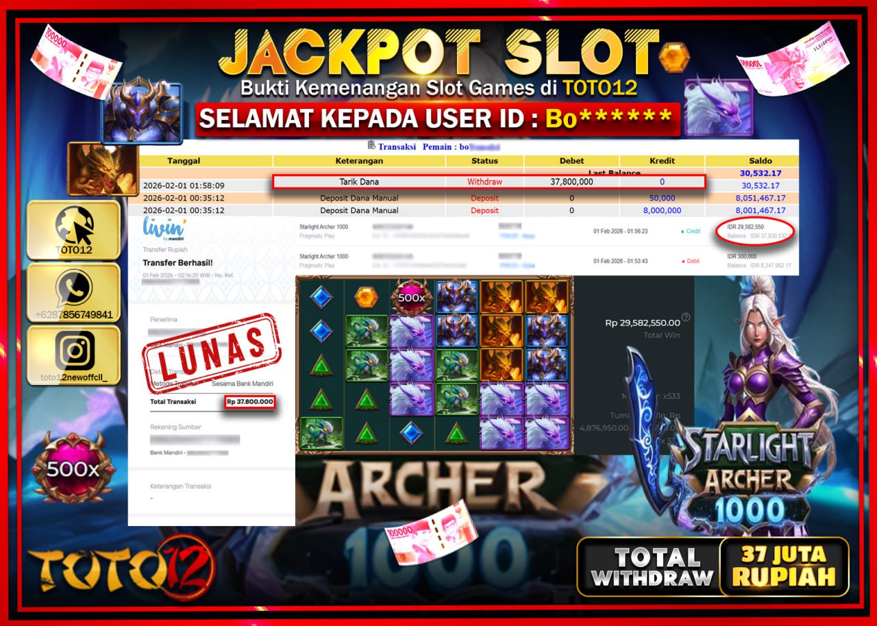 HANYA DI TOTO12 JP PASTI DI BAYAR LUNAS DAN CEPAT!!!!!! JACKPOT SLOT GAME (STARLIGHT ARCHER 1000) Rp.37.800.000 !!!!