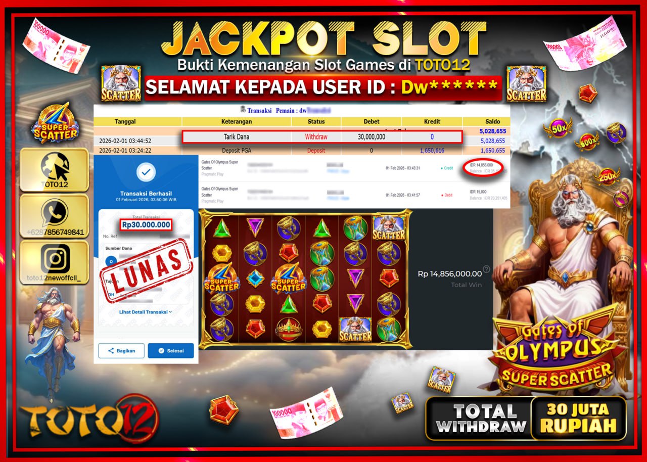 HANYA DI TOTO12 JP PASTI DI BAYAR LUNAS DAN CEPAT!!!!!! JACKPOT SLOT GAME (GATES OF OLYMPUS SUPER SCATTER) Rp.30.000.000 !!!!