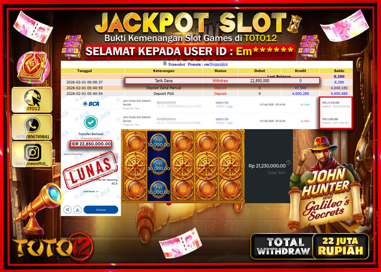 HANYA DI TOTO12 JP PASTI DI BAYAR LUNAS DAN CEPAT!!!!!! JACKPOT SLOT GAME (JOHN HUNTER AND GALILEOS SECRETS) Rp.22.850.000 !!!!