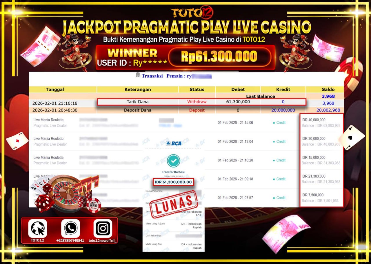 HANYA DI TOTO12 JP PASTI DI BAYAR LUNAS DAN CEPAT!!!!!! JACKPOT PRAGMATIC PLAY LIVE CASINO (LIVE MANIA ROULETTE) Rp.61.300.000 !!!!