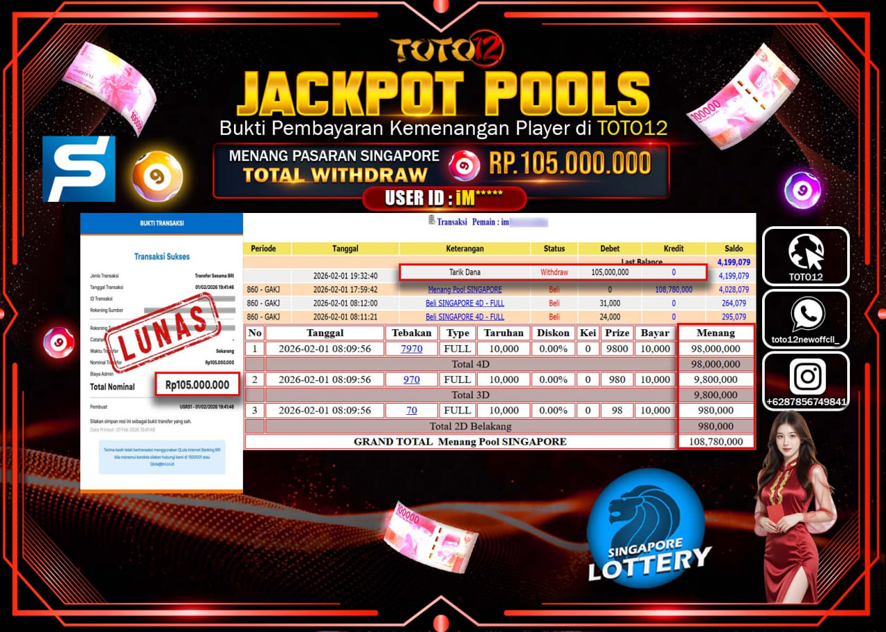 HANYA DI TOTO12 JP PASTI DI BAYAR LUNAS DAN CEPAT!!!!!! JACKPOT POOLS PASARAN (SINGAPORE) Rp.105.000.000 !!!!