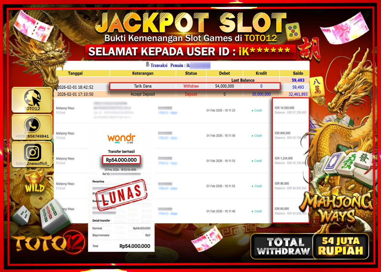 HANYA DI TOTO12 JP PASTI DI BAYAR LUNAS DAN CEPAT!!!!!! JACKPOT SLOT GAME (MAHJONG WAYS) Rp.54.000.000 !!!!