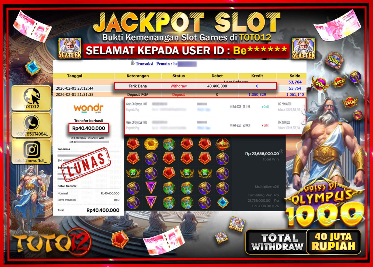 HANYA DI TOTO12 JP PASTI DI BAYAR LUNAS DAN CEPAT!!!!!! JACKPOT SLOT GAME (GATES OF OLYMPUS 1000) Rp.40.400.000 !!!!