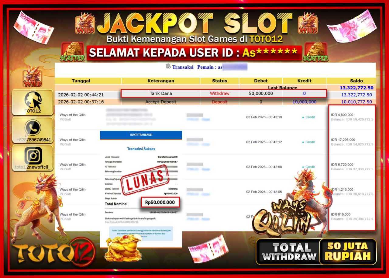 HANYA DI TOTO12 JP PASTI DI BAYAR LUNAS DAN CEPAT!!!!!! JACKPOT SLOT GAME (WAYS OF THE QILIN) Rp.50.000.000 !!!!