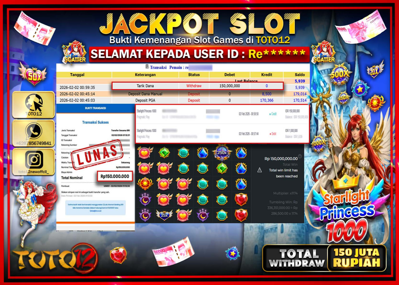 HANYA DI TOTO12 JP PASTI DI BAYAR LUNAS DAN CEPAT!!!!!! JACKPOT SLOT GAME (STARLIGHT PRINCESS 1000) Rp.150.000.000 !!!!