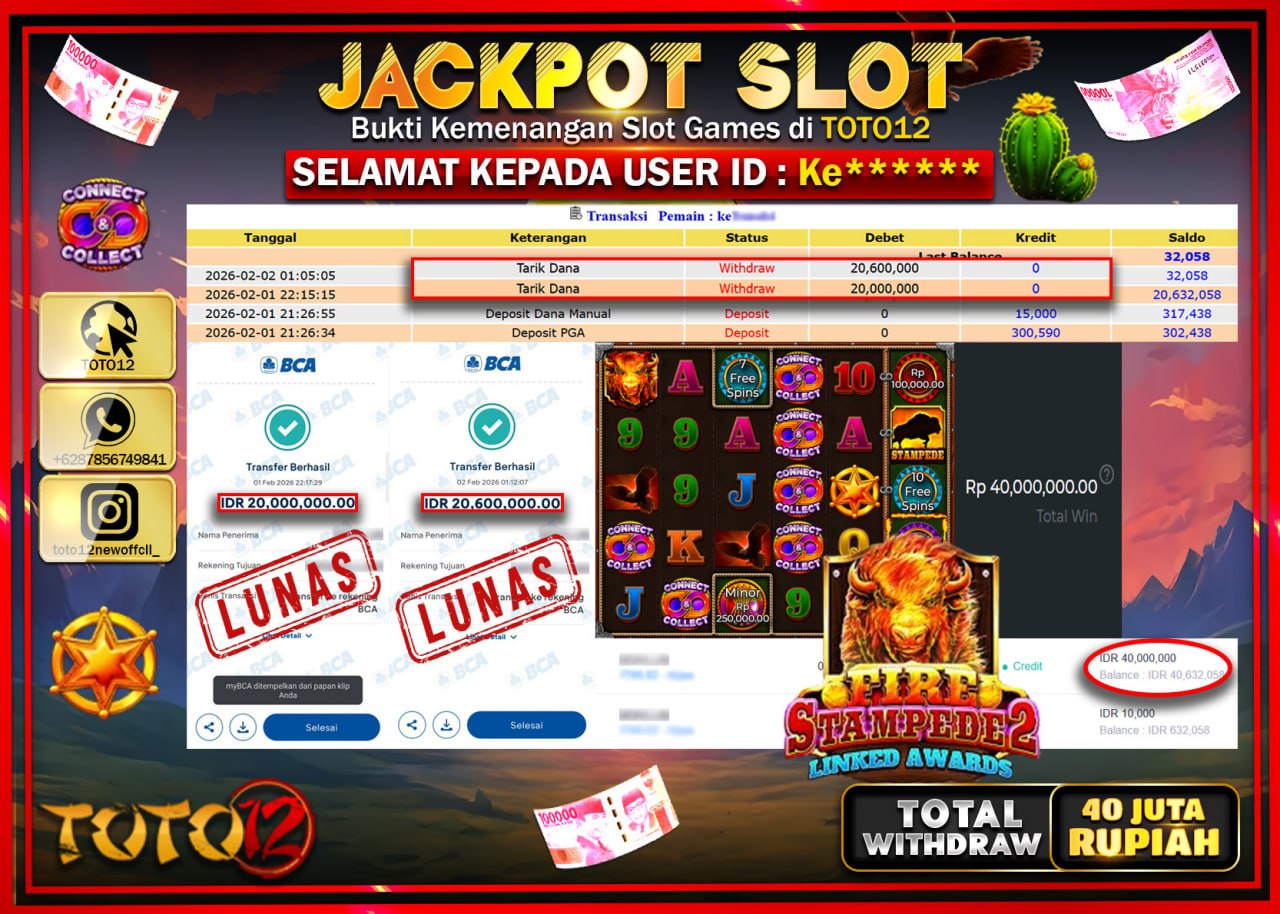 HANYA DI TOTO12 JP PASTI DI BAYAR LUNAS DAN CEPAT!!!!!! JACKPOT SLOT GAME (FIRE STAMPEDE2 LINKED AWARDS) Rp.40.600.000 !!!!