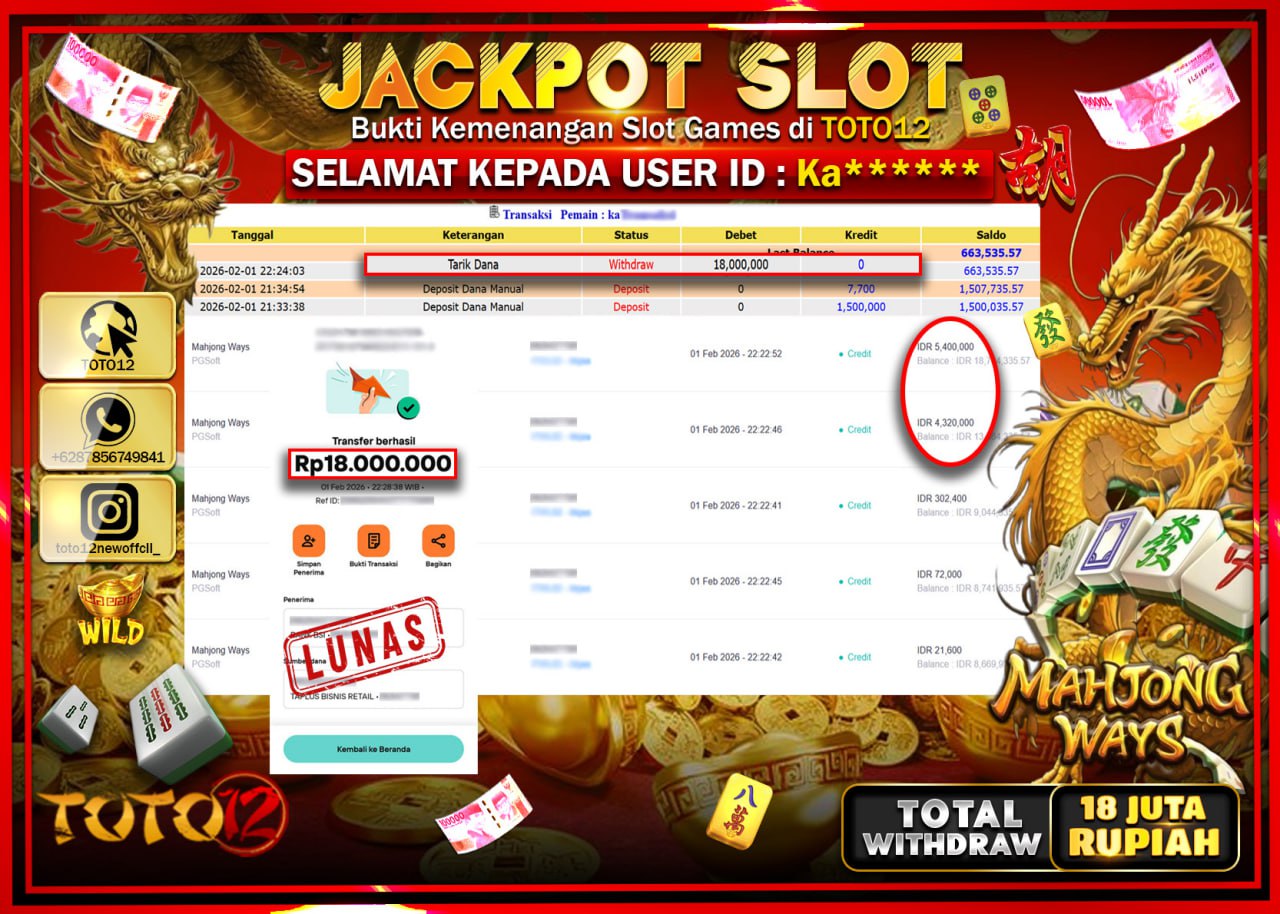 HANYA DI TOTO12 JP PASTI DI BAYAR LUNAS DAN CEPAT!!!!!! JACKPOT SLOT GAME (MAHJONG WAYS) Rp.18.000.000 !!!!