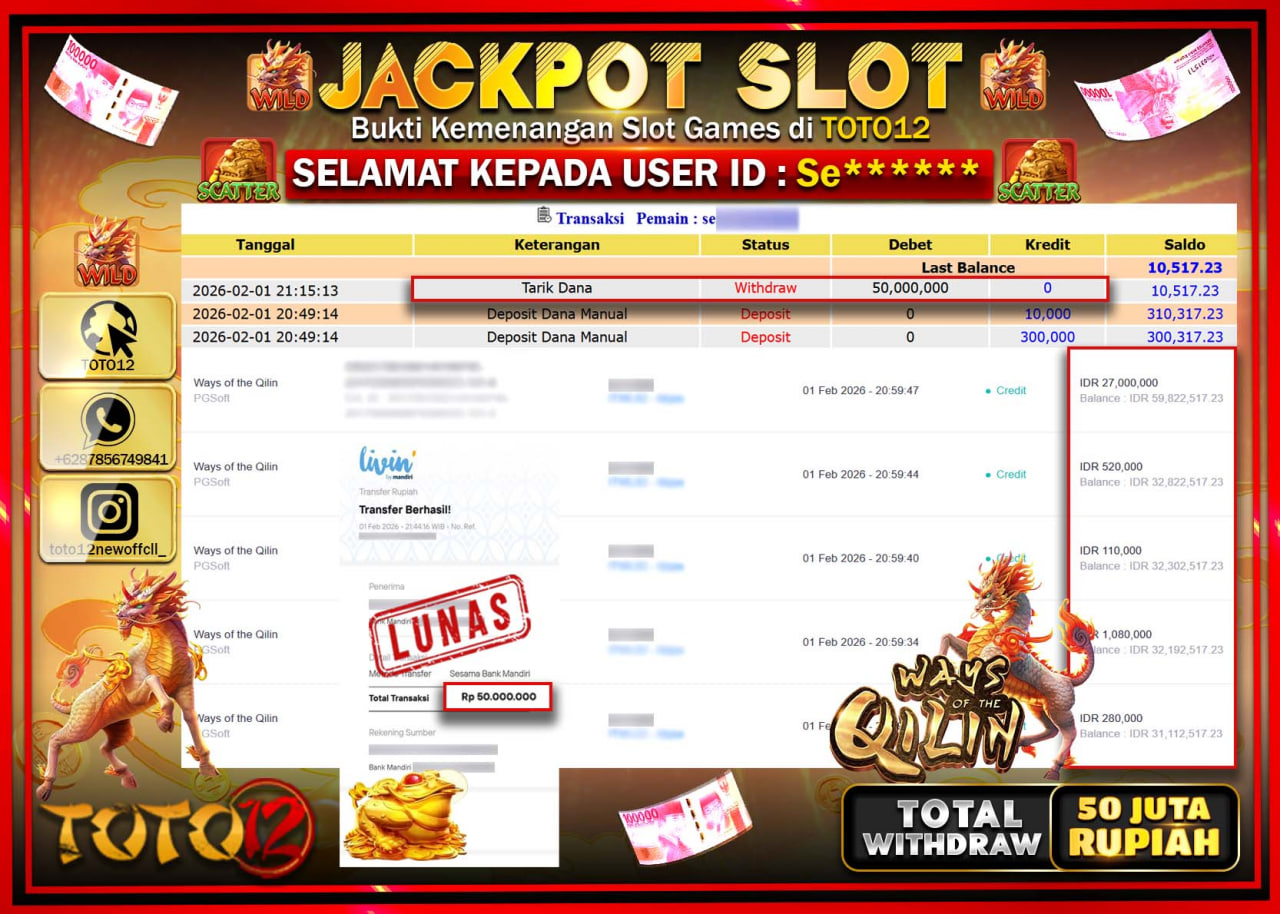 HANYA DI TOTO12 JP PASTI DI BAYAR LUNAS DAN CEPAT!!!!!! JACKPOT SLOT GAME (WAYS OF THE QILIN) Rp.50.000.000 !!!!