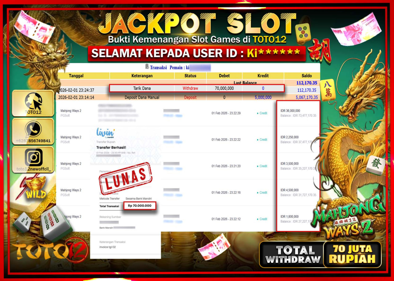 HANYA DI TOTO12 JP PASTI DI BAYAR LUNAS DAN CEPAT!!!!!! JACKPOT SLOT GAME (MAHJONG WAYS 2) Rp.70.000.000 !!!!