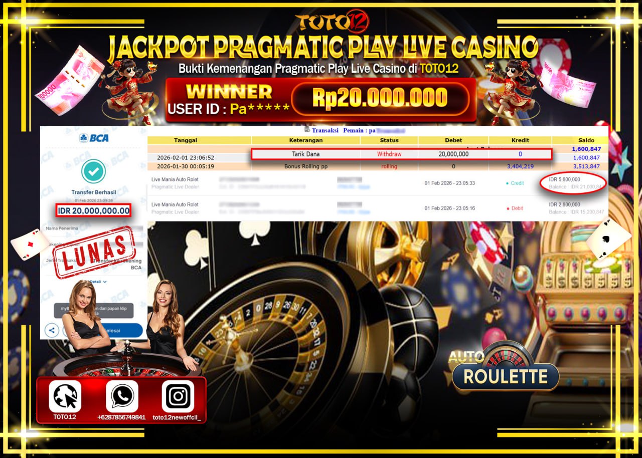 HANYA DI TOTO12 JP PASTI DI BAYAR LUNAS DAN CEPAT!!!!!! JACKPOT PRAGMATIC PLAY LIVE CASINO (MANIA AUTO ROLET) Rp.20.000.000 !!!!