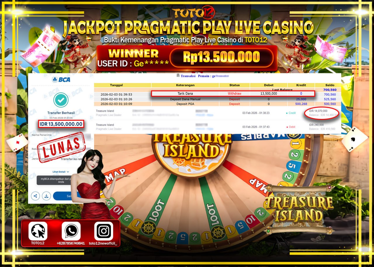 HANYA DI TOTO12 JP PASTI DI BAYAR LUNAS DAN CEPAT!!!!!! JACKPOT PRAGMATIC PLAY LIVE CASINO (TREASURE ISLAND) Rp.13.500.000 !!!!