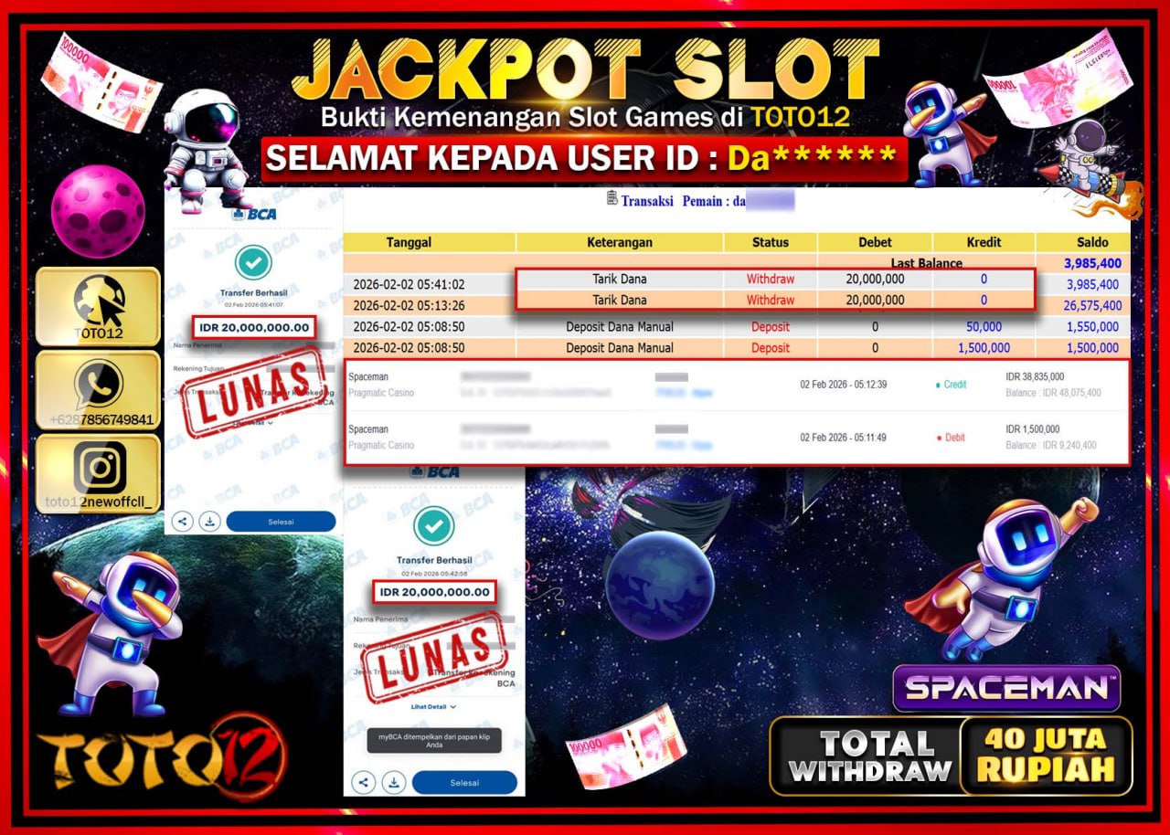 HANYA DI TOTO12 JP PASTI DI BAYAR LUNAS DAN CEPAT!!!!!! JACKPOT SLOT GAME (SPACEMAN) Rp.40.000.000 !!!!