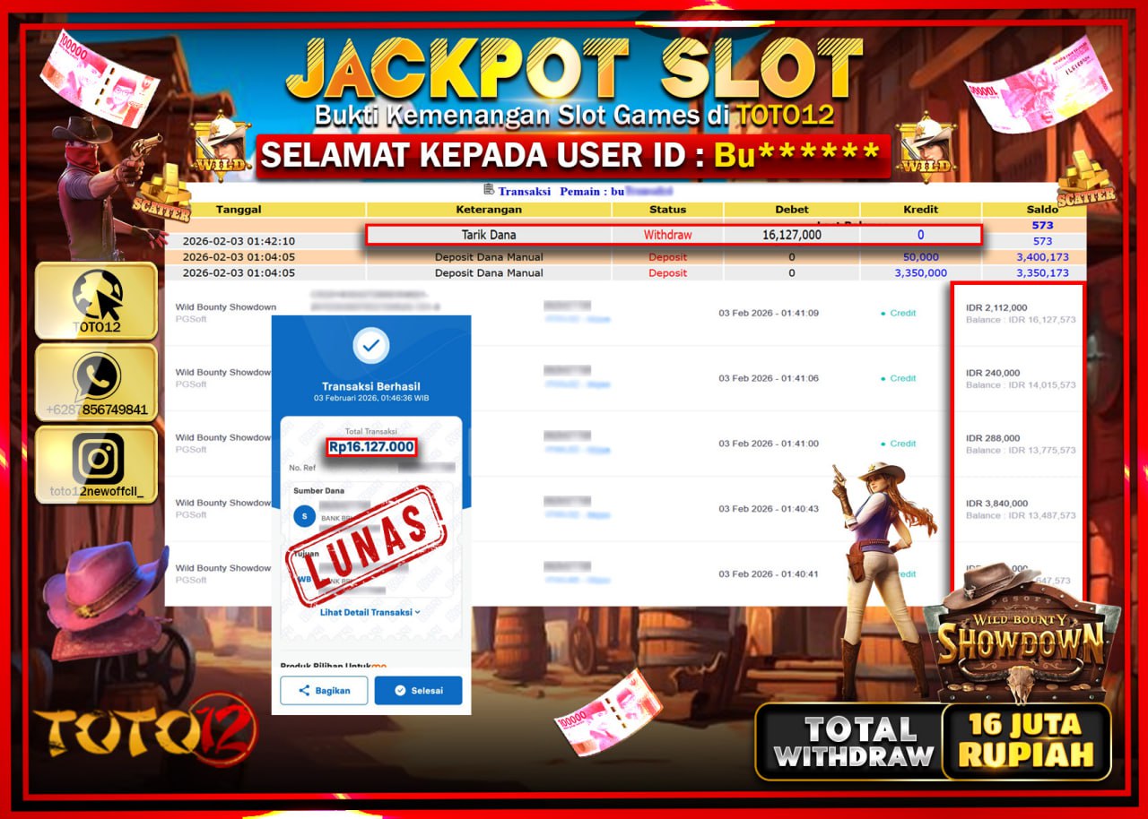 HANYA DI TOTO12 JP PASTI DI BAYAR LUNAS DAN CEPAT!!!!!! JACKPOT SLOT GAME (WILD BOUNTY SHOWDOWN) Rp.16.127.000 !!!!