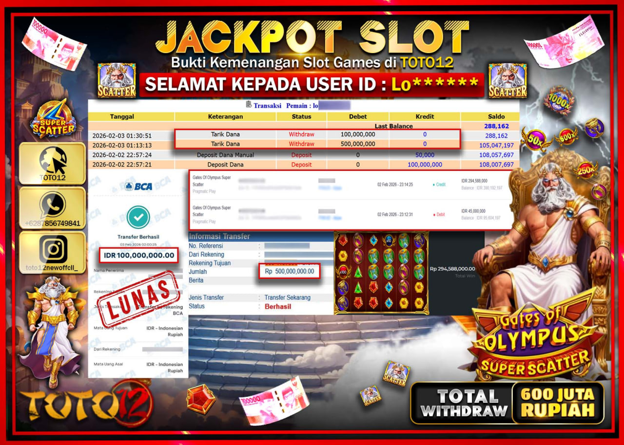 HANYA DI TOTO12 JP PASTI DI BAYAR LUNAS DAN CEPAT!!!!!! JACKPOT SLOT GAME (GATES OF OLYMPUS SUPER SCATTER) Rp.600.000.000 !!!!