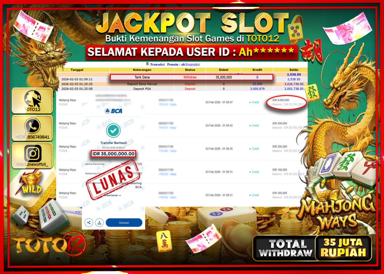 HANYA DI TOTO12 JP PASTI DI BAYAR LUNAS DAN CEPAT!!!!!! JACKPOT SLOT GAME (MAHJONG WAYS) Rp.35.000.000 !!!!