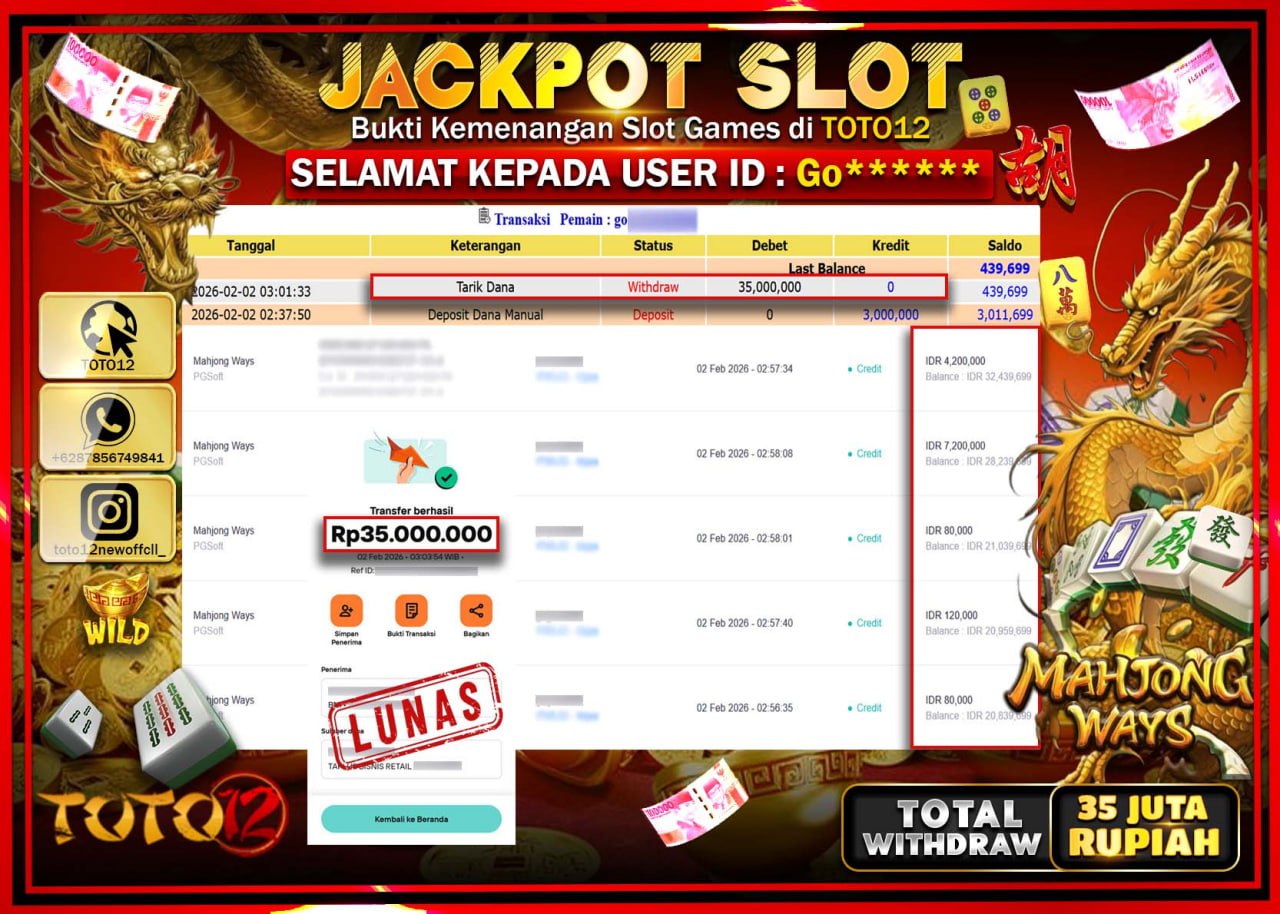 HANYA DI TOTO12 JP PASTI DI BAYAR LUNAS DAN CEPAT!!!!!! JACKPOT SLOT GAME (MAHJONG WAYS) Rp.35.000.000 !!!!