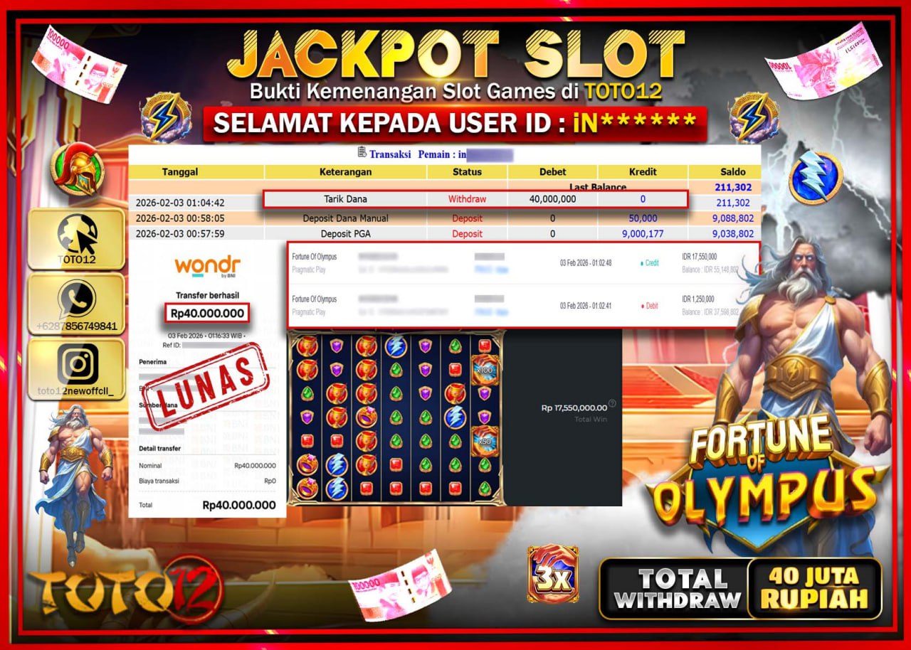 HANYA DI TOTO12 JP PASTI DI BAYAR LUNAS DAN CEPAT!!!!!! JACKPOT SLOT GAME (FORTUNE OF OLYMPUS) Rp.40.000.000 !!!!