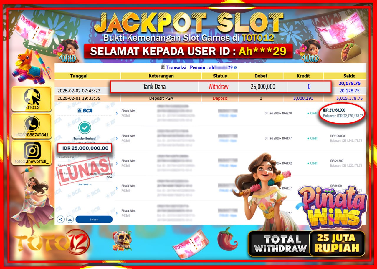 HANYA DI TOTO12 JP PASTI DI BAYAR LUNAS DAN CEPAT!!!!!! JACKPOT SLOT GAME (PINATA WINS) Rp.25.000.000 !!!!