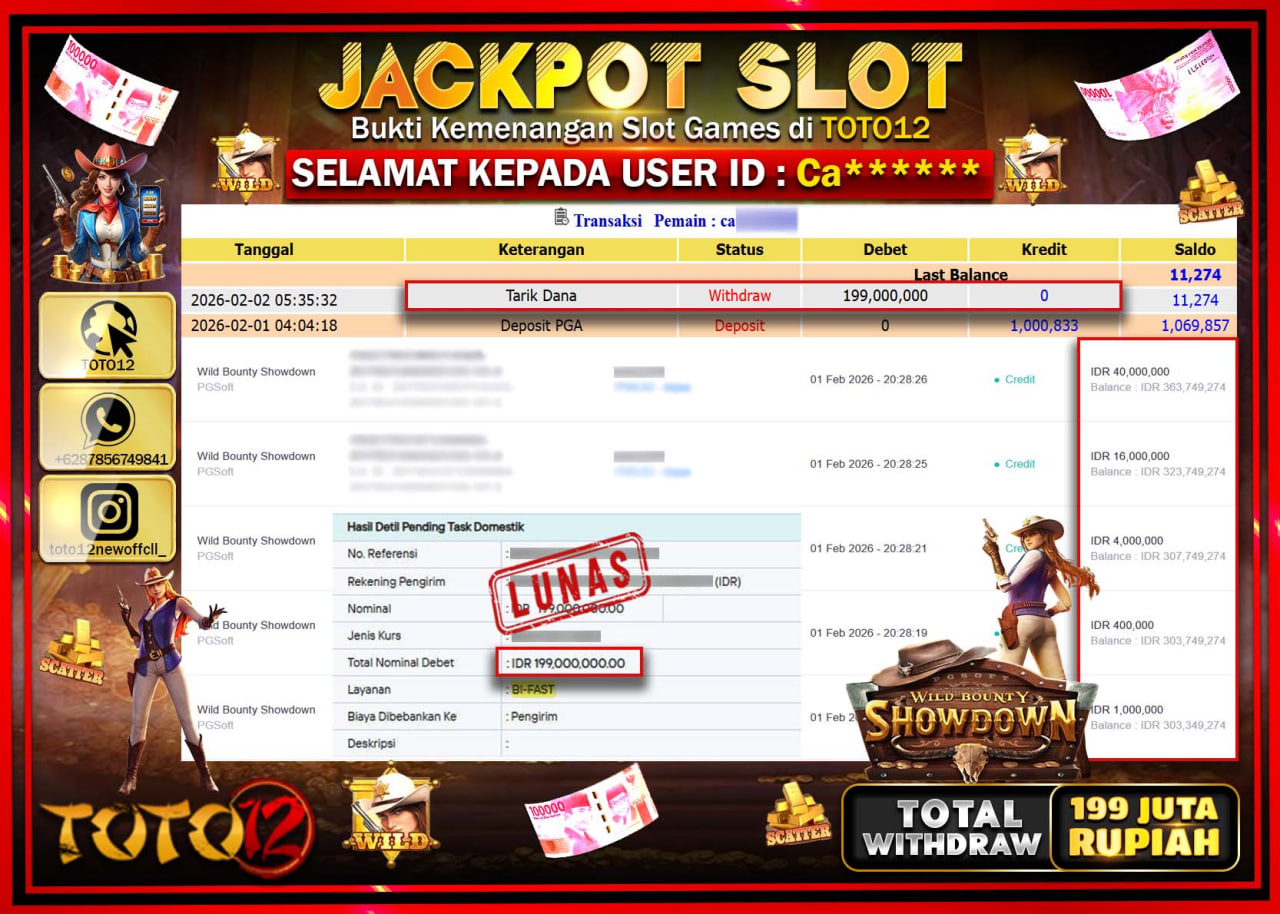 HANYA DI TOTO12 JP PASTI DI BAYAR LUNAS DAN CEPAT!!!!!! JACKPOT SLOT GAME (WILD BOUNTY SHOWDONW) Rp.199.000.000 !!!!