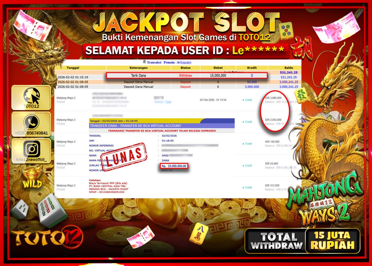 HANYA DI TOTO12 JP PASTI DI BAYAR LUNAS DAN CEPAT!!!!!! JACKPOT SLOT GAME (MAHJONG WAYS 2) Rp.15.000.000 !!!!