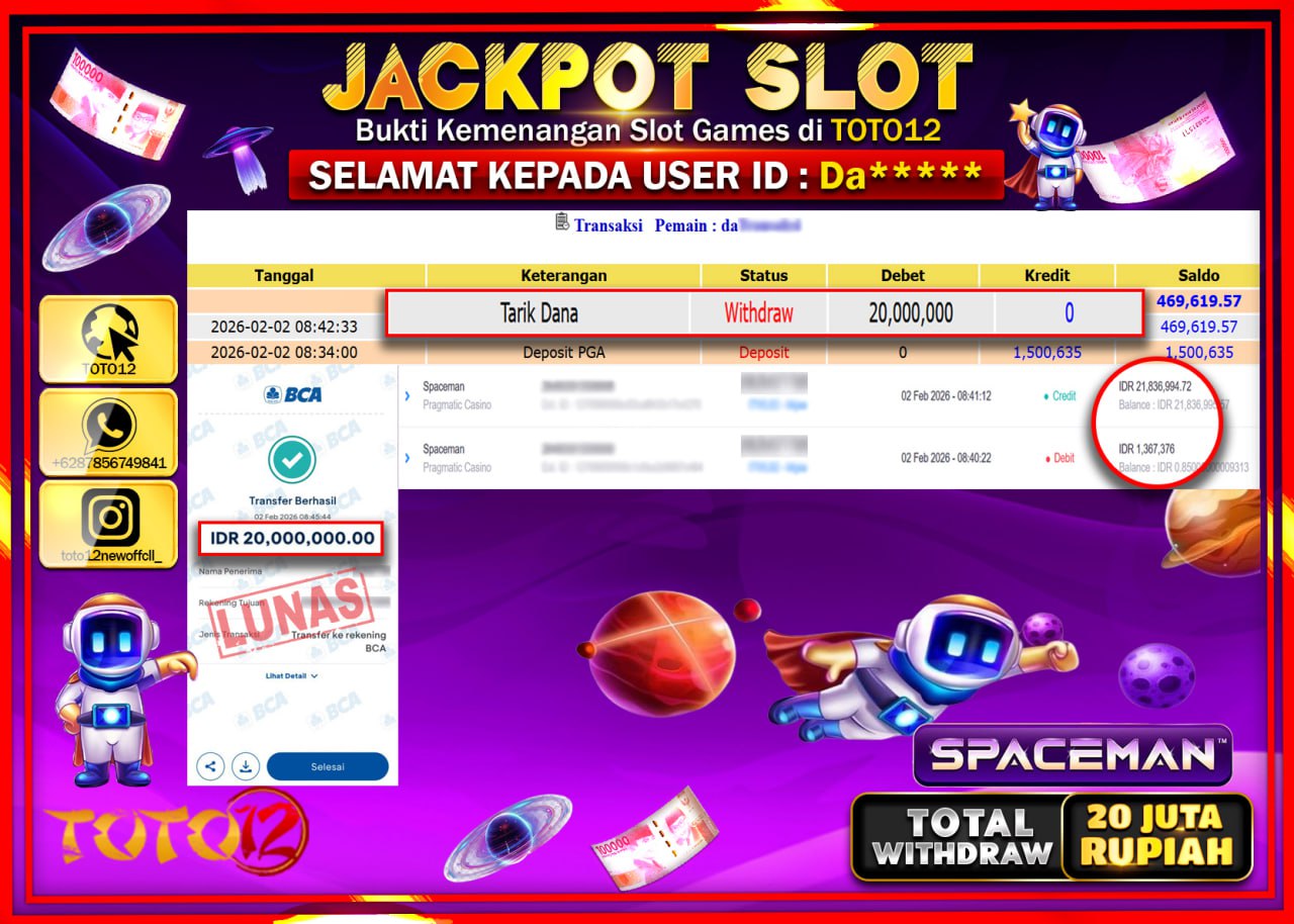 HANYA DI TOTO12 JP PASTI DI BAYAR LUNAS DAN CEPAT!!!!!! JACKPOT SLOT GAME (SPACEMAN) Rp.20.000.000 !!!!