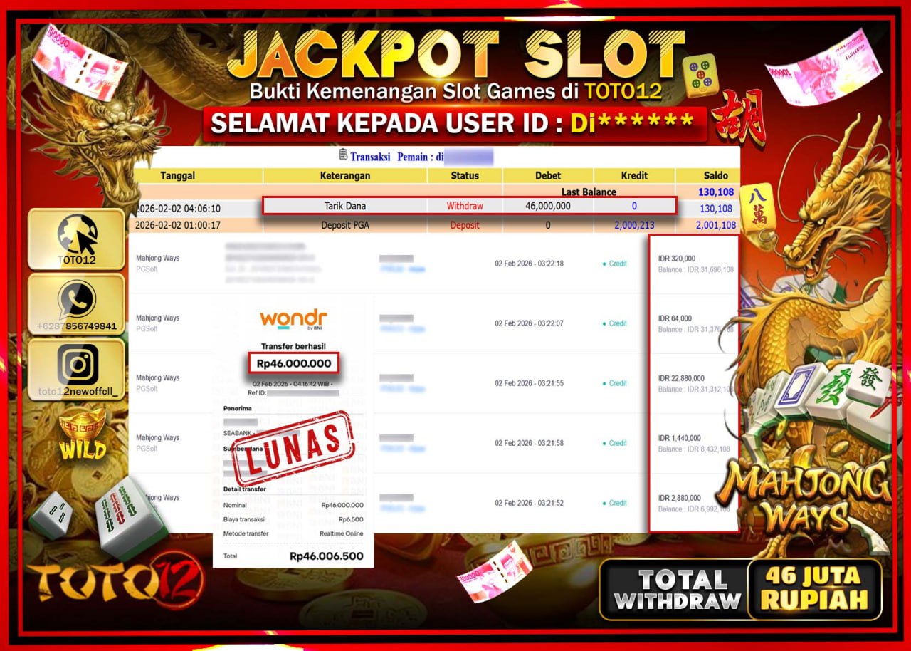 HANYA DI TOTO12 JP PASTI DI BAYAR LUNAS DAN CEPAT!!!!!! JACKPOT SLOT GAME (MAHJONG WAYS) Rp.46.000.000 !!!!