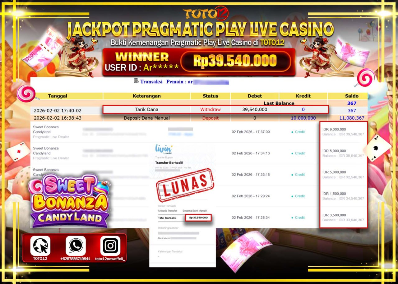 HANYA DI TOTO12 JP PASTI DI BAYAR LUNAS DAN CEPAT!!!!!! JACKPOT PRAGMATIC PLAY LIVE CASINO (SWEET BONANZA CANDYLAND) Rp.39.540.000!!!!