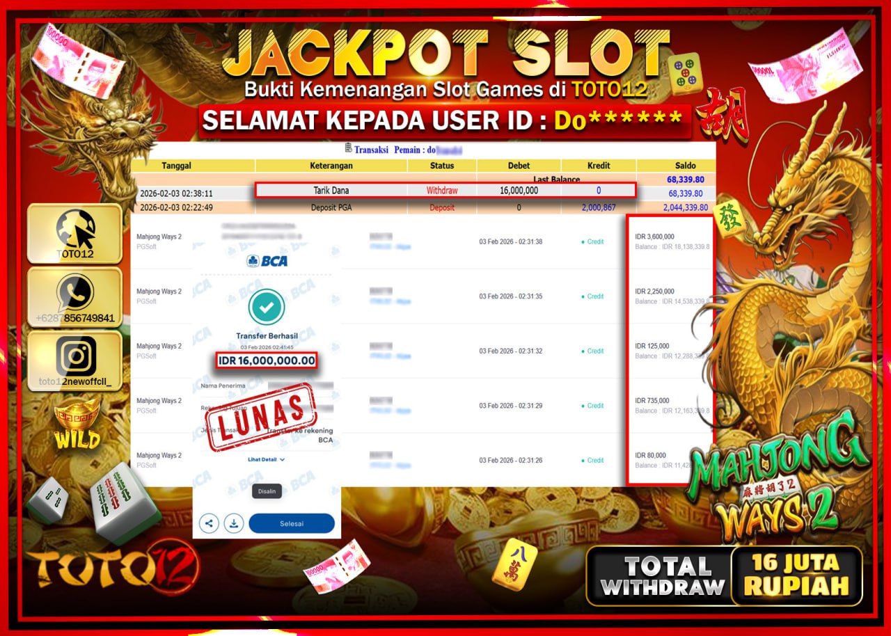 HANYA DI TOTO12 JP PASTI DI BAYAR LUNAS DAN CEPAT!!!!!! JACKPOT SLOT GAME (MAHJONG WAYS 2) Rp.16.000.000 !!!!