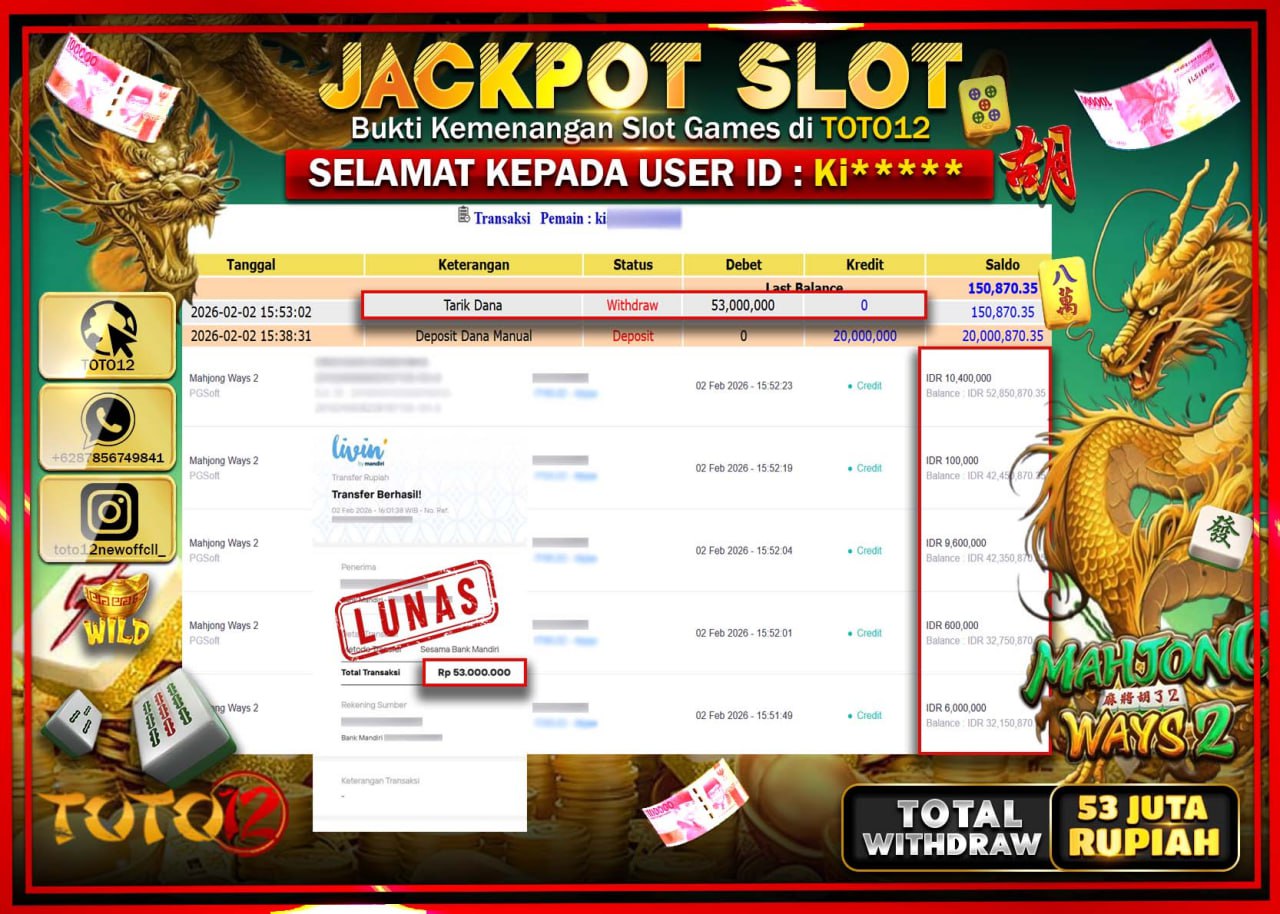 HANYA DI TOTO12 JP PASTI DI BAYAR LUNAS DAN CEPAT!!!!!! JACKPOT SLOT GAME (MAHJONG WAYS 2) Rp.53.000.000 !!!!