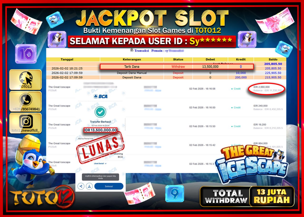 HANYA DI TOTO12 JP PASTI DI BAYAR LUNAS DAN CEPAT!!!!!! JACKPOT SLOT GAME (THE GREAT ICESCAPE) Rp.13.500.000 !!!!