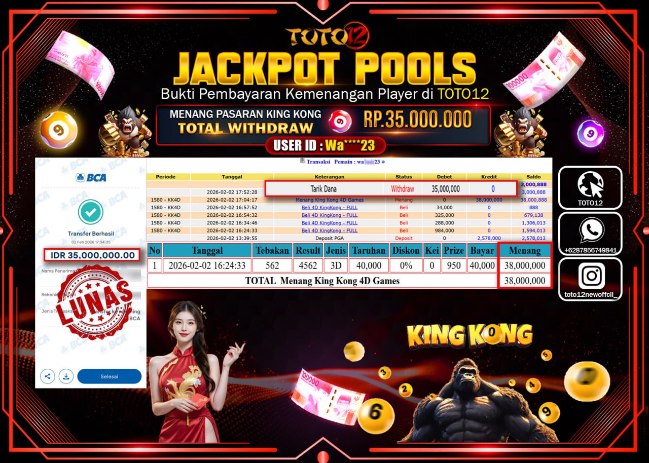 HANYA DI TOTO12 JP PASTI DI BAYAR LUNAS DAN CEPAT!!!!!! JACKPOT POOLS PASARAN (KING KONG) Rp.35.000.000 !!!!