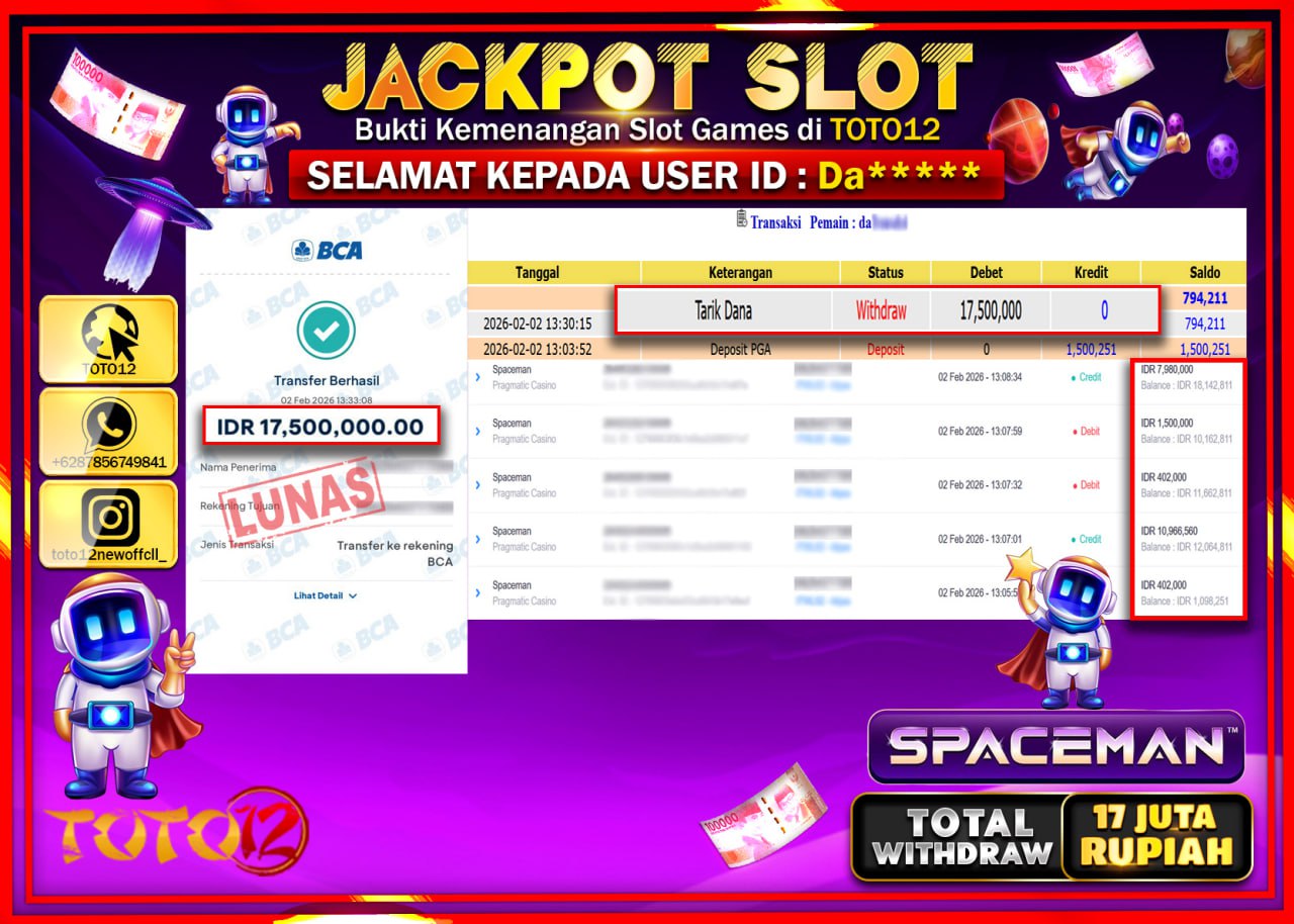 HANYA DI TOTO12 JP PASTI DI BAYAR LUNAS DAN CEPAT!!!!!! JACKPOT SLOT GAME (SPACEMAN) Rp.17.500.000!!!!