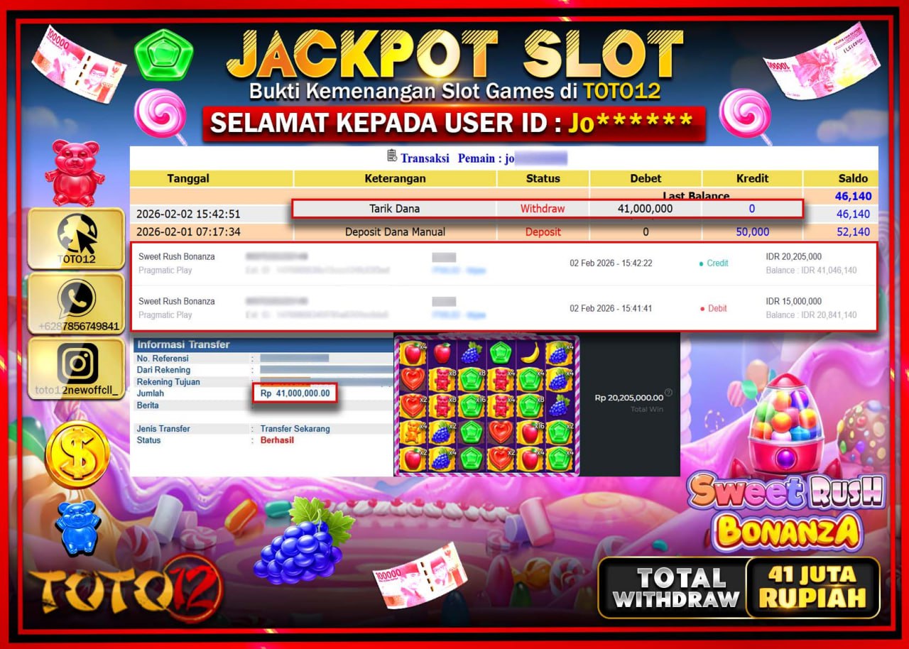 HANYA DI TOTO12 JP PASTI DI BAYAR LUNAS DAN CEPAT!!!!!! JACKPOT SLOT GAME (SWEET RUSH BONANZA) Rp.41.000.000 !!!!