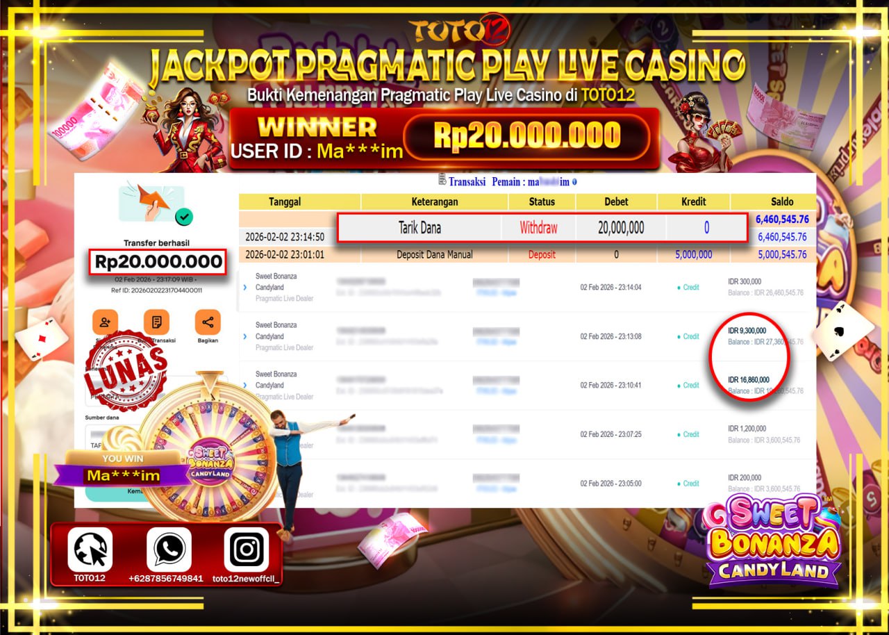 HANYA DI TOTO12 JP PASTI DI BAYAR LUNAS DAN CEPAT!!!!!! JACKPOT PRAGMATIC PLAY LIVE CASINO (SWEET BONANZA CANDY LAND) Rp.20.000.000 !!!!