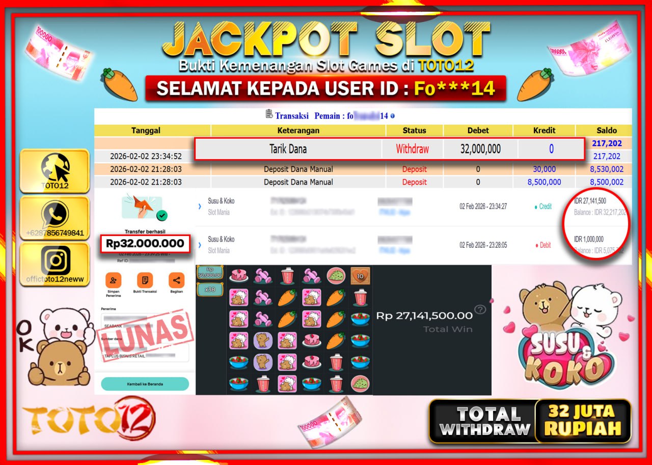 HANYA DI TOTO12 JP PASTI DI BAYAR LUNAS DAN CEPAT!!!!!! JACKPOT SLOT GAME (SUSU & KOKO) Rp.32.000.000 !!!!