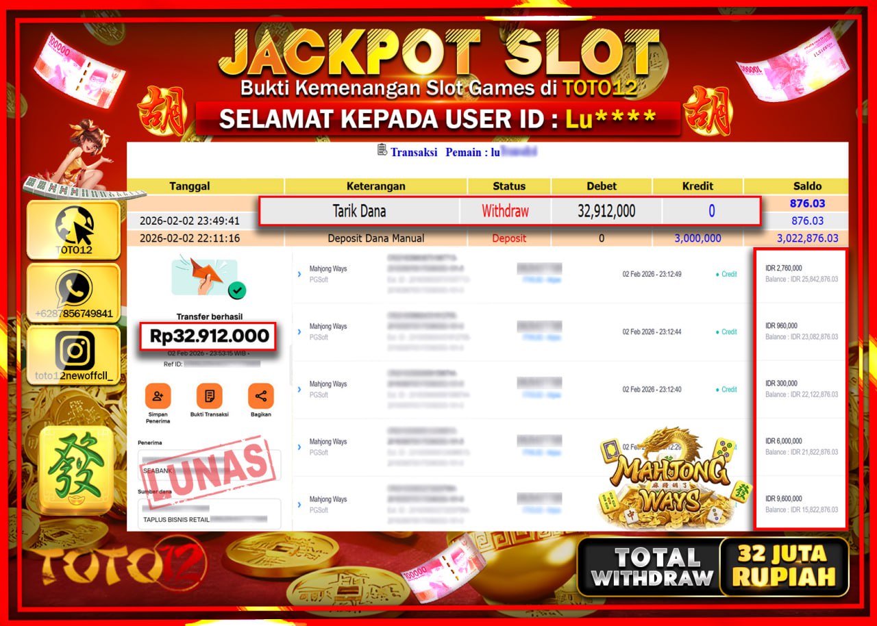 HANYA DI TOTO12 JP PASTI DI BAYAR LUNAS DAN CEPAT!!!!!! JACKPOT SLOT GAME (MAHJONG WAYS) Rp.32.912.000 !!!!