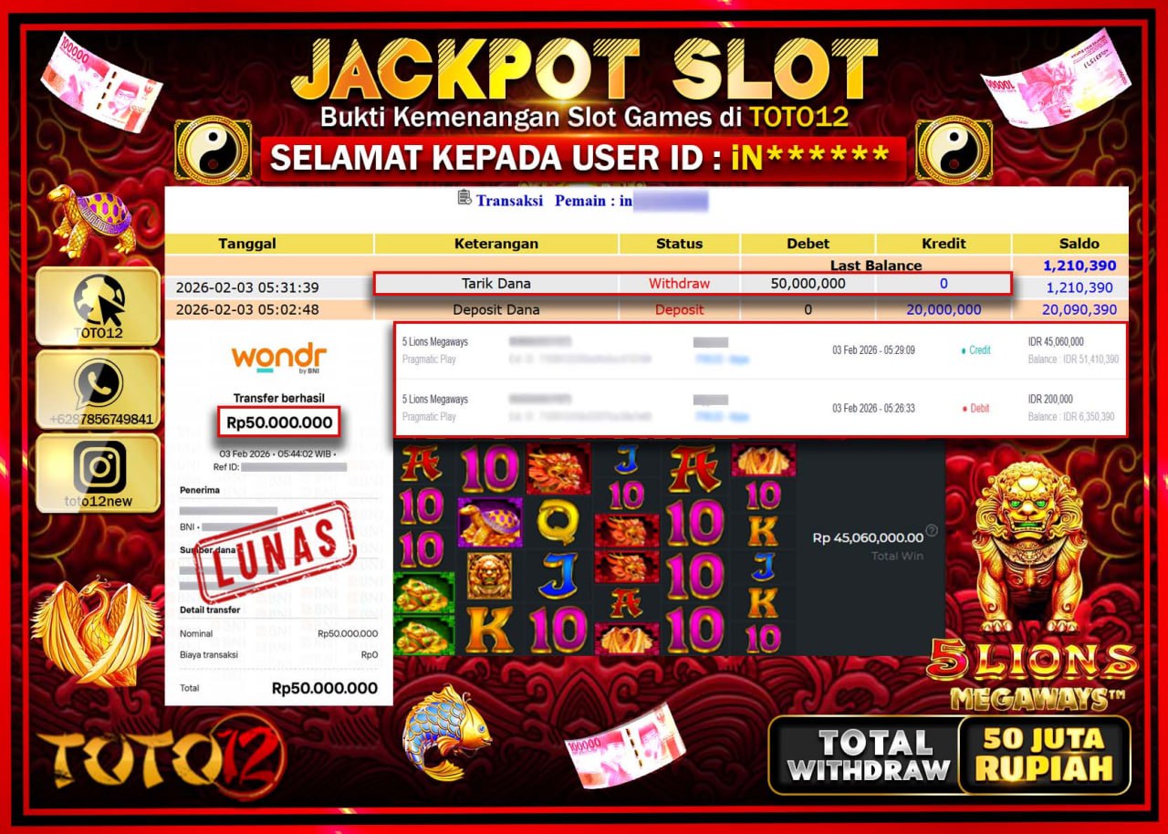 HANYA DI TOTO12 JP PASTI DI BAYAR LUNAS DAN CEPAT!!!!!! JACKPOT SLOT GAME (5 LIONS MEGAWAYS) Rp.50.000.000!!!!