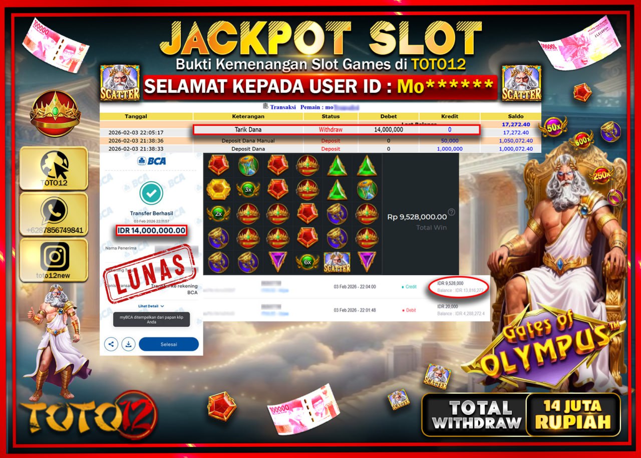 HANYA DI TOTO12 JP PASTI DI BAYAR LUNAS DAN CEPAT!!!!!! JACKPOT SLOT GAME (GATES OF OLYMPUS) Rp.14.000.000!!!!