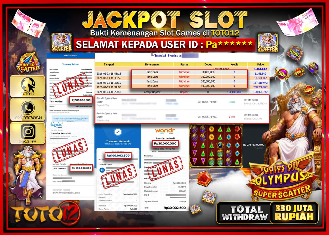 HANYA DI TOTO12 JP PASTI DI BAYAR LUNAS DAN CEPAT!!!!!! JACKPOT SLOT GAME (GATES OF OLYMPUS SUPER SCATTER) Rp.330.000.000 !!!!