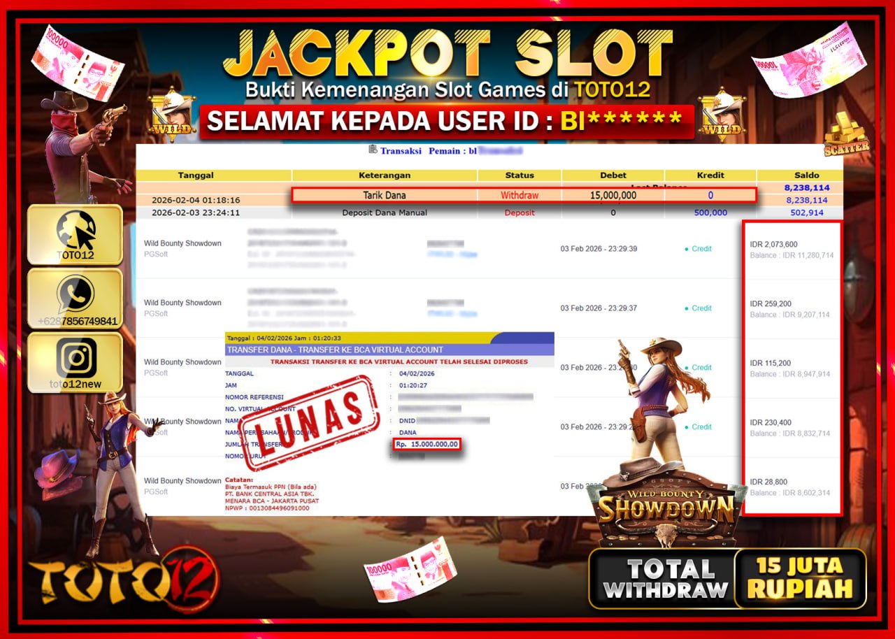 HANYA DI TOTO12 JP PASTI DI BAYAR LUNAS DAN CEPAT!!!!!! JACKPOT SLOT GAME (WILD BOUNTY SHOWDOWN) Rp.15.000.000!!!!