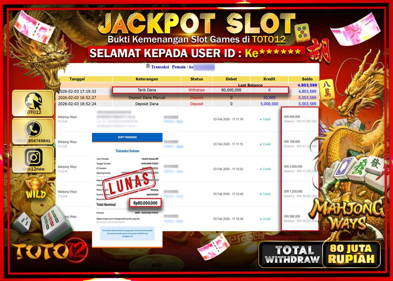 HANYA DI TOTO12 JP PASTI DI BAYAR LUNAS DAN CEPAT!!!!!! JACKPOT SLOT GAME (MAHJONG WAYS) Rp.80.000.000 !!!!