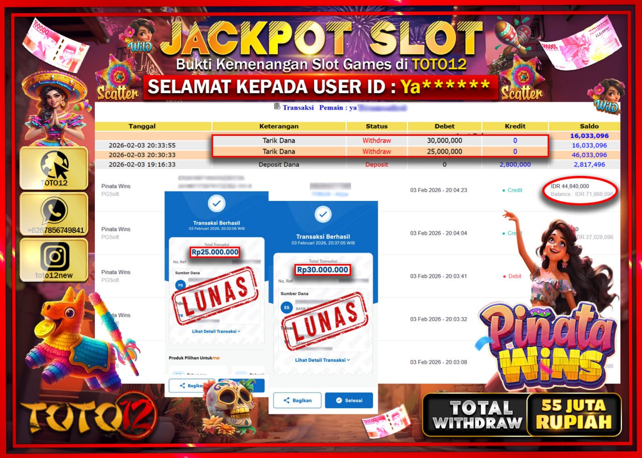 HANYA DI TOTO12 JP PASTI DI BAYAR LUNAS DAN CEPAT!!!!!! JACKPOT SLOT GAME (PINATA WINS) Rp.55.000.000!!!!