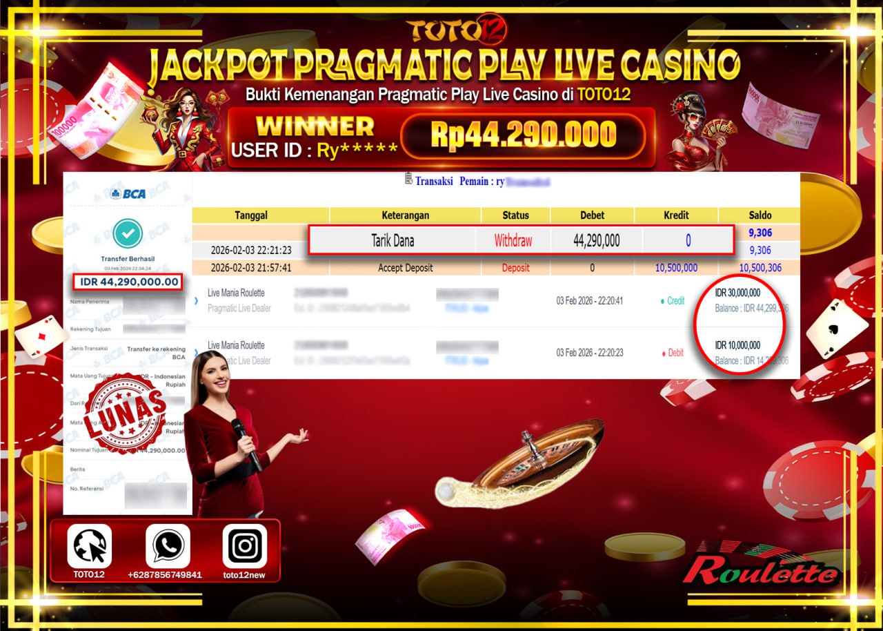 HANYA DI TOTO12 JP PASTI DI BAYAR LUNAS DAN CEPAT!!!!!! JACKPOT PRAGMATIC PLAY LIVE CASINO (LIVE MANIA ROULETTE) Rp.44.290.000 !!!!