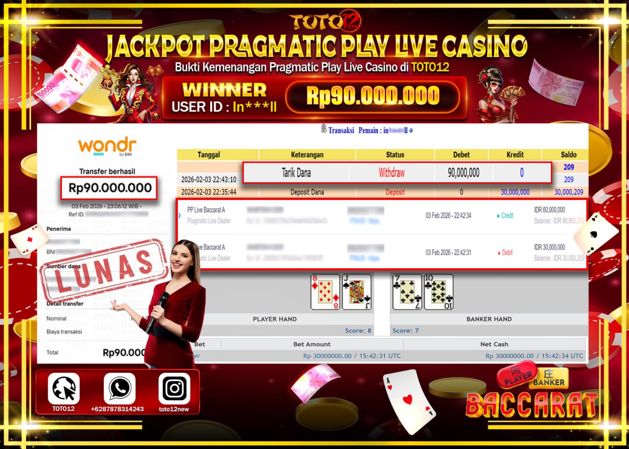 HANYA DI TOTO12 JP PASTI DI BAYAR LUNAS DAN CEPAT!!!!!! JACKPOT PRAGMATIC PLAY LIVE CASINO (LIVE BACCARAT) Rp.90.000.000 !!!!